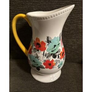 Pioneer Woman Pitcher 2 Quart Flea Market Floral Yellow Handle Tiny Chip On Base